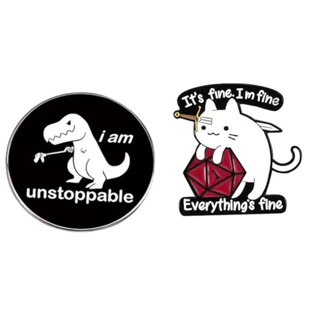 Funny Enamel Pins - Cat Rolling a 1 and Impaled! and "I AM UNSTOPPABLE" T-Rex